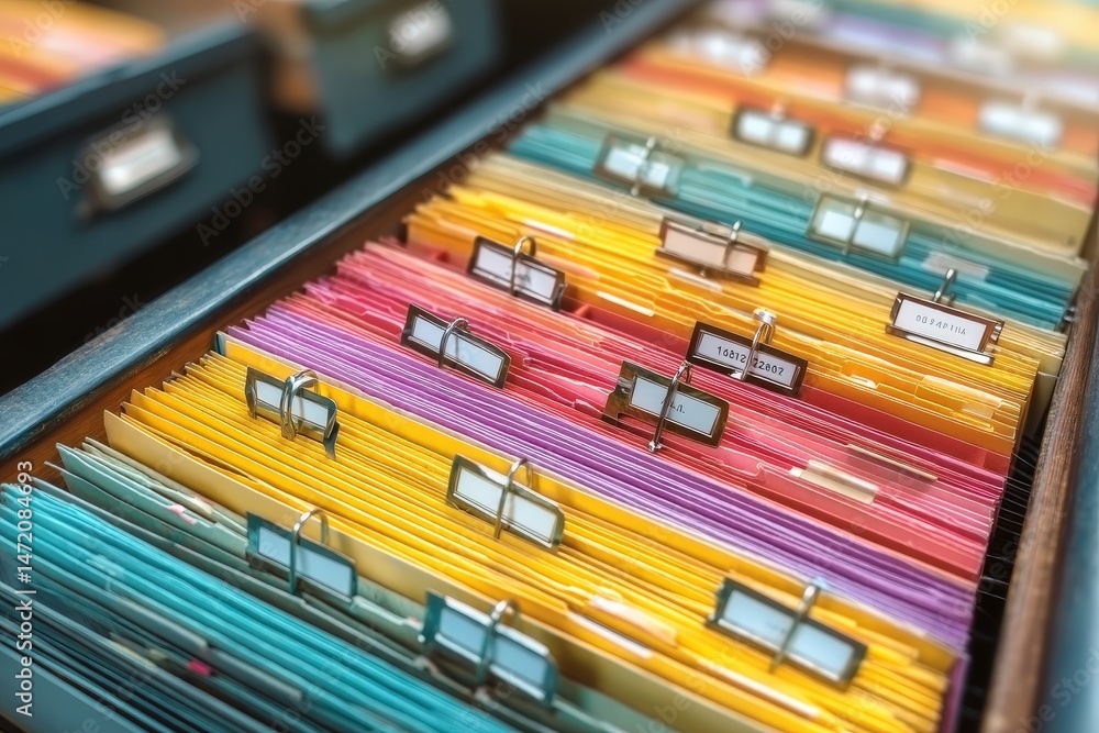 Poster organized medical records in colorful file cabinet for efficient document management and easy access