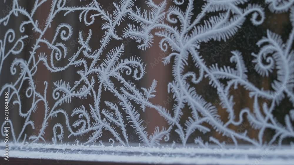Poster delicate frost spreading across windowpane, creating intricate fern like crystalline patterns reveal