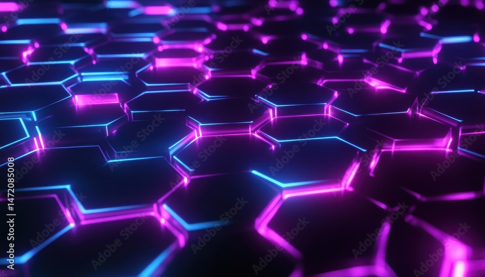 Poster glowing purple and blue neon hexagon pattern abstract background