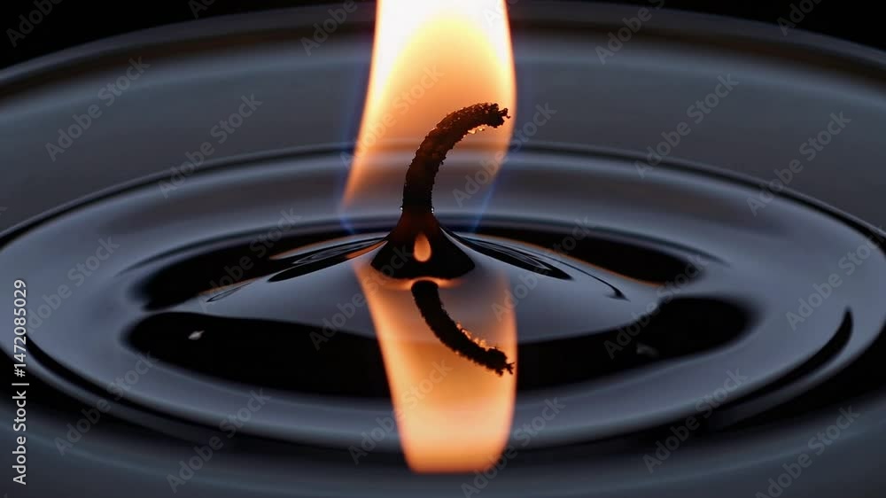 Poster delicate flame dancing on floating wick, casting teardrop shaped reflection against dark liquid surf