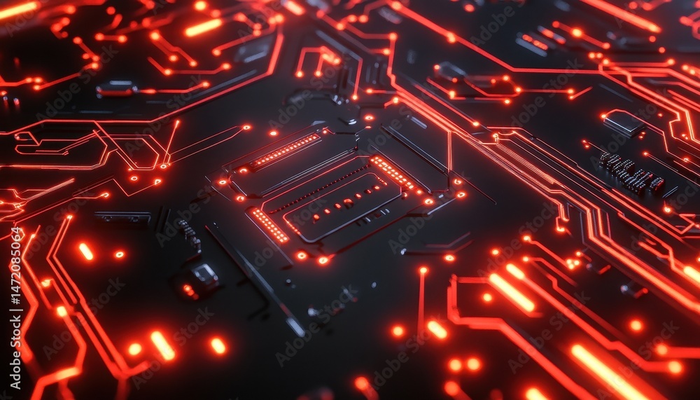 Poster Glowing Red Circuit Board Abstract Technology Background