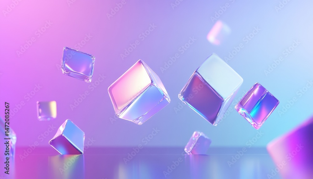 Poster holographic cubes floating in pink and blue gradient background