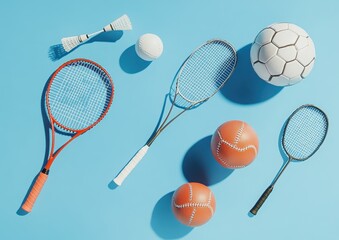 Sport equipment collection on a light blue background