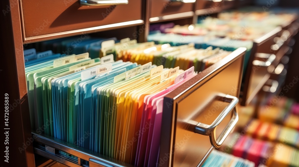 Poster organized medical records in a file cabinet displaying colorful folders for easy access in a healthc