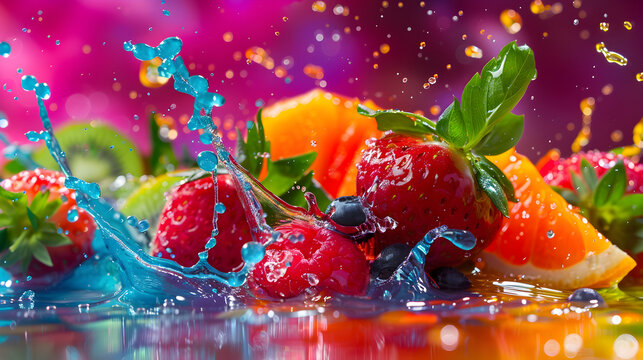 Fresh fruits and berries with splashes of water close-up on a colorful background, summer fresh berry banner