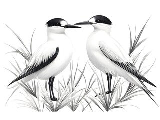 Two elegant black and white terns stand gracefully amidst tall grasses in a serene natural setting.