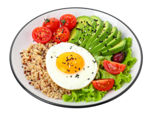 Healthy quinoa bowl with avocado egg and tomato isolated on transparent background