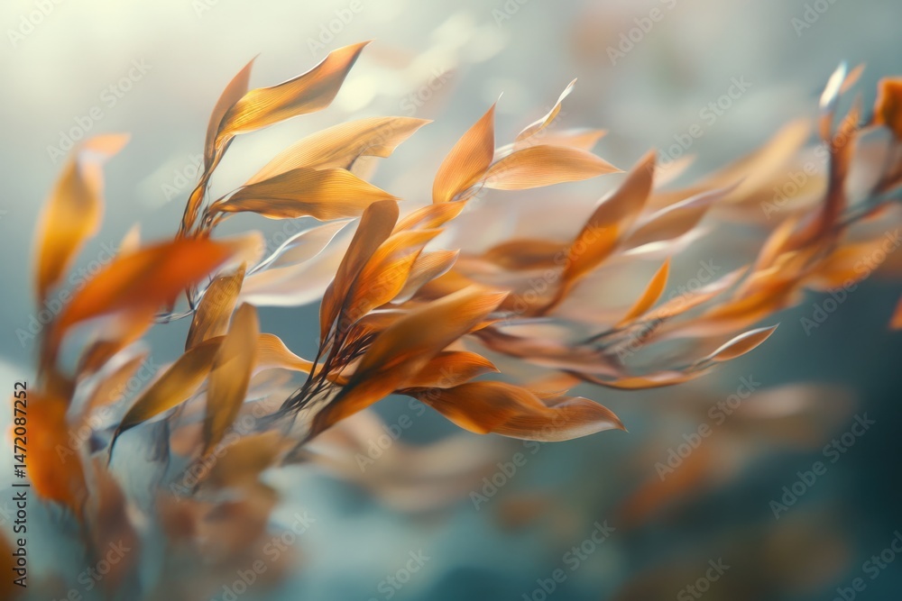 Poster abstract image with soft light featuring a cluster of golden, translucent leaves with a dreamy and e