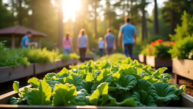 A serene garden setting with lush greenery and blurred figures enjoying a sunny day outdoors. - Powered by Adobe