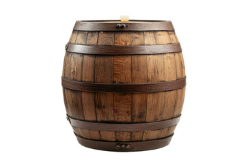 Wooden barrel with metal rings on transparent background