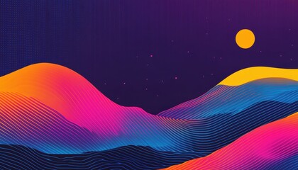 Vibrant Colorful Night Landscape with Pixelated Hills and Glowing Moon