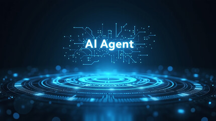Photorealistic futuristic scene: A glowing blue holographic display showing "AI Agent" text floats above a complex circular digital platform with circuit patterns and light trails. Dark background.