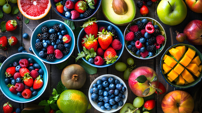 fruits and berries close-up view from above