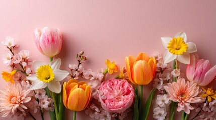 Obraz premium Vibrant spring flowers on a soft pastel background. Happy Mother’s Day Floral Greeting Card