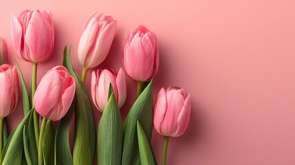 Obraz premium Vibrant pink tulips on soft pastel background. Happy Mother’s Day Floral Greeting Card