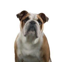 Obraz premium A close-up portrait of a Bulldog looking directly at the camera with an expressive face. The background is isolated for emphasis on the dog's unique features and charm.