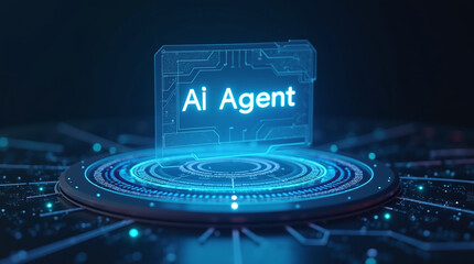 Photorealistic futuristic scene: A glowing blue holographic display showing "AI Agent" text floats above a complex circular digital platform with circuit patterns and light trails. Dark background.