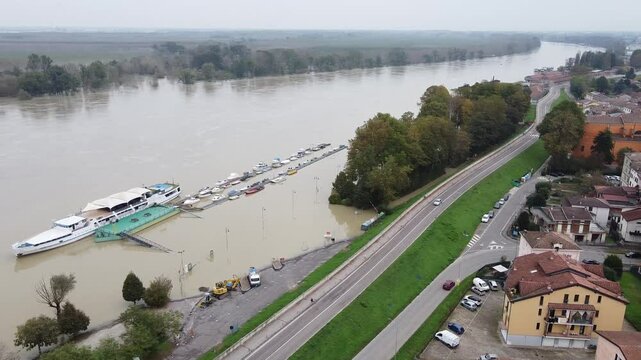 Po river flooding at Boretto, Italiy. High quality 4k footage. High quality 4k footage