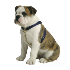 A cute bulldog puppy sitting calmly, wearing a stylish harness, with a clean white background that highlights its features.