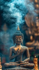 Obraz premium Serene Buddha Statue Surrounded by Ethereal Smoke and Soft Light