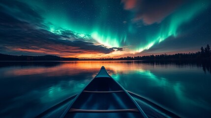 A tranquil canoe on a lake, reflecting auroras.