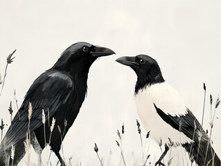 Fototapeta premium Two stylized ravens face each other amidst muted grasses in a minimalist black and white illustration.