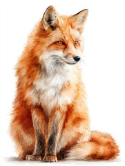Fototapeta premium Detailed watercolor illustration of red fox sitting calmly with soft fur and alert eyes on white background