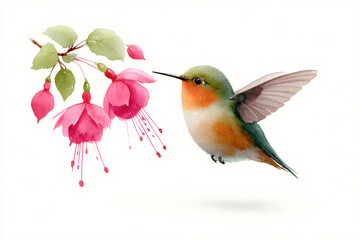 Fototapeta premium Delicate watercolor illustration of hummingbird hovering near pink fuchsia flowers with green leaves, softly detailed