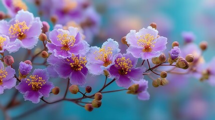 Fototapeta premium Purple Gradient Floral Design with Yellow Stamens & Blue Backdrop for Branding, Web Visuals & Nature Art