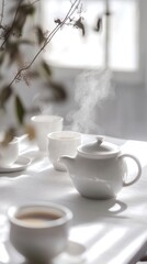 Elegant White Teapot with Steaming Cups in Serene Light Setting