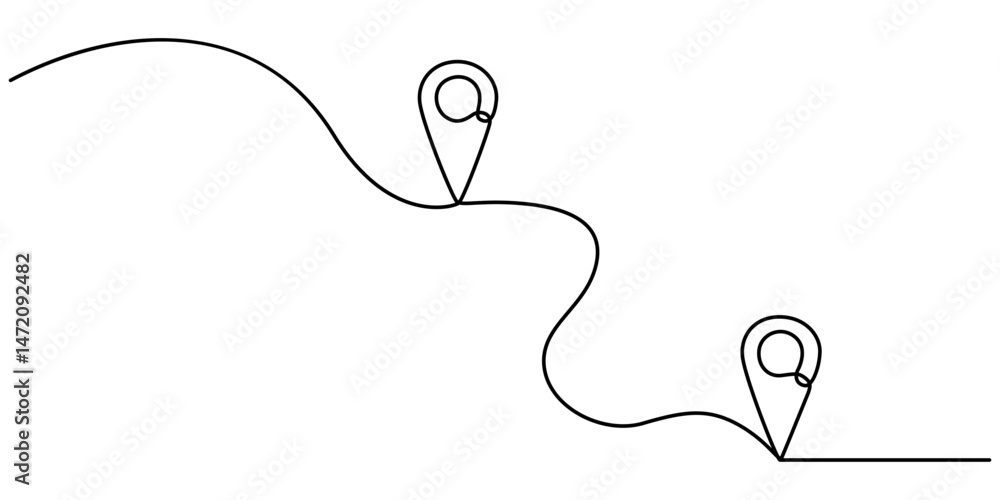 Aufkleber Continuous one line drawing of path and location pointers pin road icon journey marker vector illustration, Minimalist design of a location pin seamlessly connected to a wavy line, symbolizing GPS. 