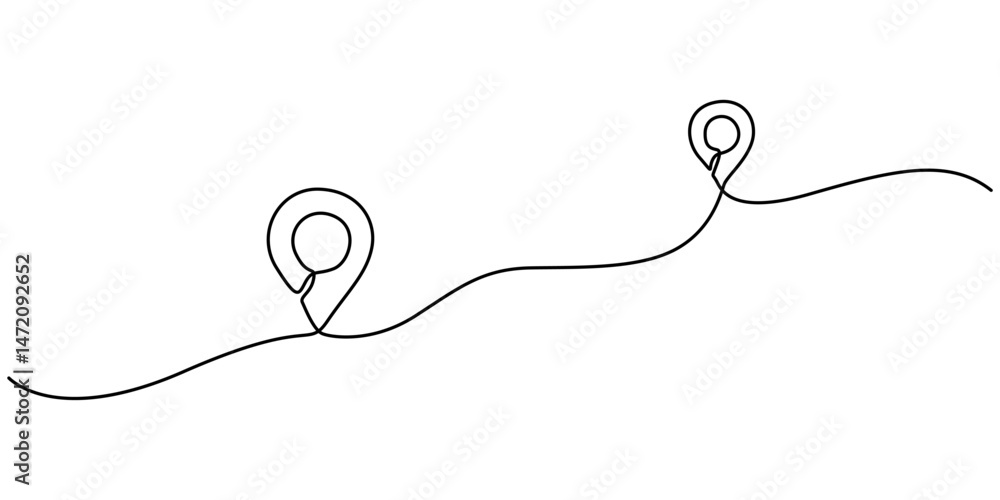 Aufkleber Continuous one line drawing of path and location pointers pin road icon journey marker vector illustration, Minimalist design of a location pin seamlessly connected to a wavy line, symbolizing GPS. 