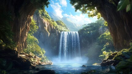 Fototapeta premium Majestic waterfall cascading down rocky cliffs surrounded by lush greenery and vibrant flora