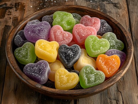 Colorful Heart Shaped Gummies Candy in Wooden Bowl - Powered by Adobe