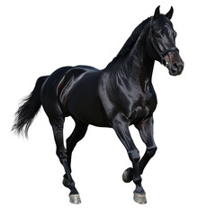 Fototapeta premium A majestic black horse gracefully trotting in a vibrant animated style, showcasing its shiny coat and strong physique.