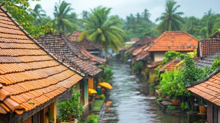 Fototapeta premium Rainy alleyway, terracotta roofs, lush foliage