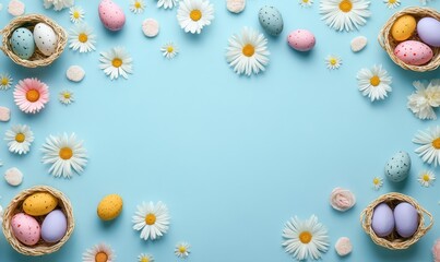 Obraz premium Pastel-colored eggs and flowers arranged in a decorative border.