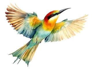 Fototapeta premium A vibrant watercolor painting depicts a bee-eater bird in flight with wings outstretched against a white background.