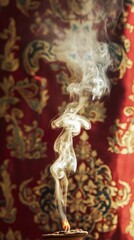 Fototapeta premium Elegant Smoke Rising from Incense Stick against Rich Fabric Background