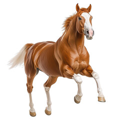 Naklejka premium A powerful chestnut horse rearing up energetically against a white isolated background, showcasing its strength and grace in motion.