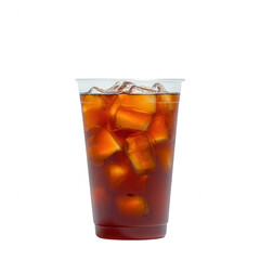 A refreshing beverage served in a clear cup filled with ice cubes, showcasing the rich dark color of iced tea. Perfect for hot days or casual gatherings.