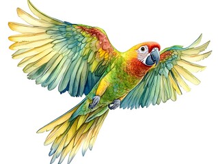 Fototapeta premium A vibrant Sun Conure parrot in flight with wings spread wide showcasing its brilliantly colored feathers against a pure white background.