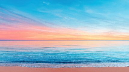 Naklejka premium Peaceful calm ocean with gentle waves and colorful sunset sky over horizon creating serene atmosphere
