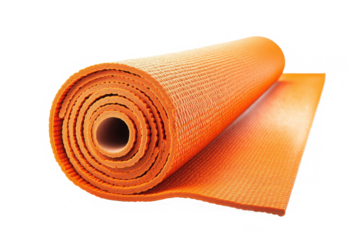 Rolled orange yoga mat close up on transparent background
