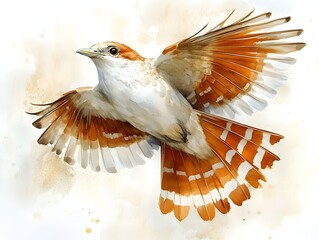 A vibrant watercolor painting depicts a rufous-colored bird in mid-flight with wings spread wide showing intricate detail and texture.