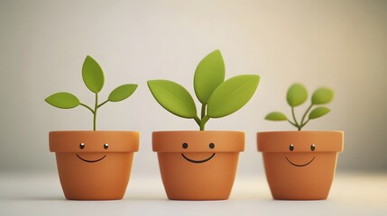 Obraz premium Happy Cartoon Plants in Terracotta Pots with Bright Colors
