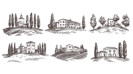 Italian Landscape Set &ndash; Hand Drawn Vector Doodle Style