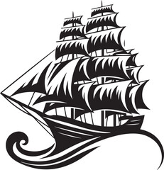 Vintage Black Silhouette of a Sailing Ship with Full Sails