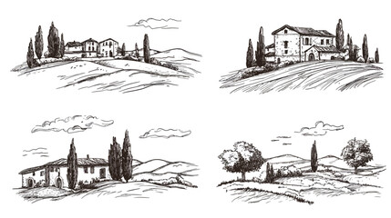 Italian Landscape Set &ndash; Hand Drawn Vector Doodle Style