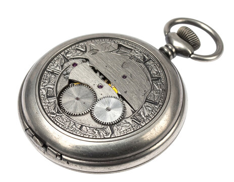 Antique Pocket Watch with Visible Gears Isolated on Transparent Background Silver Timepiece